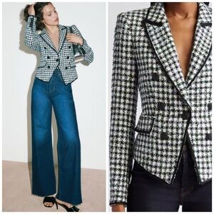 Veronica Beard Diego Metallic Check Cotton Blend Dickey Blazer Jacket White
